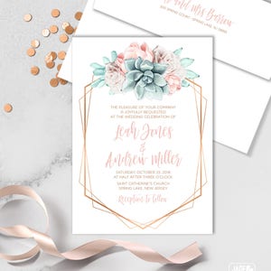 Succulent Wedding Invitation / Blush Flower Succulent Bouquet Faux Metallic Copper Watercolor Cactus ▷Printed Invitation or Printable Invite