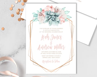 Succulent Wedding Invitation / Blush Flower Succulent Bouquet Faux Metallic Copper Watercolor Cactus ▷Printed Invitation or Printable Invite