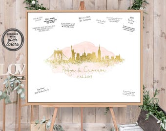 NYC Skyline Wedding Guest Book - Faux Metallic Gold with Blush Watercolor