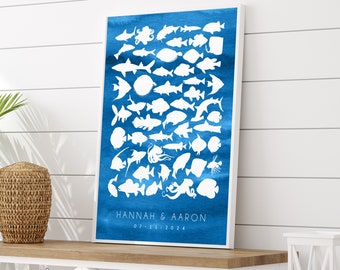 OCEAN LIFE Guest Book Alternative, Canvas for Guests to Sign, Gift for Pregnant Friend, Sea Life Shapes, Baby Shower Guest Book, Deep Blue