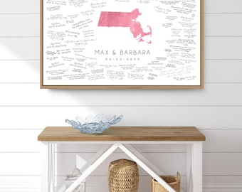 Wedding Guestbook: Boston Map Art - Pink Watercolor Canvas
