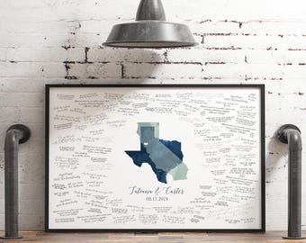 Custom Wedding Guest Book Alternative with Navy and Dusty Miller, Heart Design Personalized States Cities, Texas and California Wedding