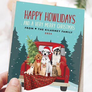 Custom Pet Christmas Cards, Pets in Cargo Bed, Cats and Dogs in Red Truck, Cat Portrait from Photo, Funny Pet Holiday Card, Large Pet Family