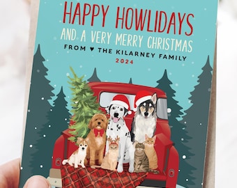 Aangepaste kerstkaarten voor huisdieren, huisdieren in laadbak, katten en honden in rode vrachtwagen, kattenportret van foto, grappige kerstkaart voor huisdier, groot huisdierfamilie