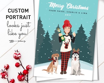 Personalized Christmas Card with Pets - Custom Portrait Illustration
