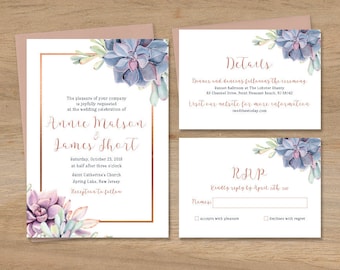 Succulent Wedding Invitation Set / Greenery and Rose Gold Geometric / Cactus Copper Invite Set ▷ Printed Wedding Invitations {or} Printable