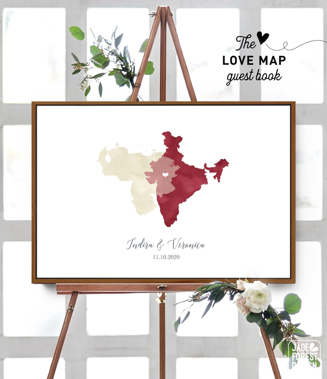 Wedding Guest Book Alternative Dark Red & Champagne Cream Watercolor