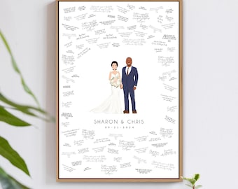 Wedding Guestbook Portrait, Hand-Drawn Couple Cartoon (Customizable Details)