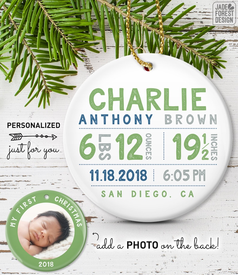 Personalized Baby Ornament, Baby First Christmas Photo Ornament, Baby Boy Birth Stats, Personalized Gift for New Parents image 9