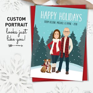 Custom Portrait, Christmas Cards 5x7, Personalized Xmas, Festive Family Greetings, Unique Holiday Illustration, Printed Red Buffalo Plaid
