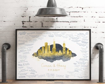 Wedding Guest Book Alternative for Chicago Wedding, Chicago Skyline Canvas Guestbook Gift, Faux Gold and Dark Charcoal Gray Watercolor