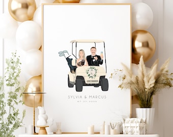 Custom Keepsake Sign, Wedding Guest Book, Golf Lover Wedding, Bespoke Cartoon Portrait, Newlywed Couple Gift, Golf Cart Artwork