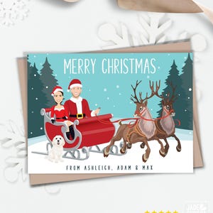 Family Portrait, Personalized Cards, Cartoon Christmas Santa&#39;s Sleigh,, Custom Holiday Illustration, Printed Greeting, Family with Pet