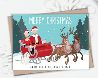 Custom Family Christmas Card: Cartoon Portrait with Santa Sleigh