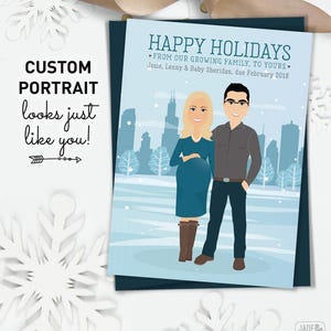 Holiday Pregnancy, Custom Portrait, Christmas Cards 2024, Pregnancy Announcement Card, Family Reveal, Printed 5x7 Invitations