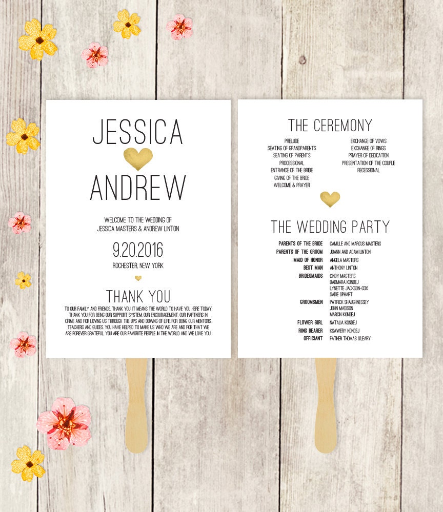 Wedding Program Fan Diy Wedding Fan Gold Watercolor Heart