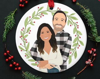 Personalized Portrait Christmas Ornament, Custom Keepsake Drawing from Photo, Round Ceramic Porcelain or Shatterproof Aluminum with Ribbon