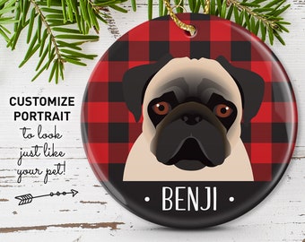 Pug Ornament, Personalized Pet Christmas Ornament, Buffalo Plaid Ornament with Custom Dog Portrait, Unique Gift for Pet Parents