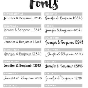May include: A graphic design image showing different fonts with the text "Jennifer & Benjamin 12345" in each font style. The fonts are listed in a column on the left and right sides of the image. The fonts are: New Baskerville, Champagne, Din, Gentle Touch, Chalkboard, Bobmshell, Sweet Pea, Rochester, Cookie, Grand Hotel, Great Vibes, Lobster, Cantoni, Bonjour.