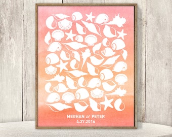 Guest Book Alternative Poster / Sea Shell, Starfish, Ocean, Marine Life, Coral Pink Ombre Watercolor ▷ Printable File {or} Printed & Shipped