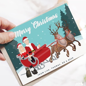 Unique Christmas Card, Funny Holiday Cards with Santa Sleigh & Reindeer, Custom Cartoon Portrait with Cats, Printed Cards with Envelopes