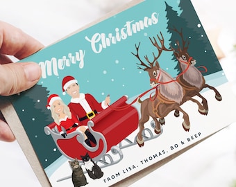 Unique Christmas Card, Funny Holiday Cards with Santa Sleigh & Reindeer, Custom Cartoon Portrait with Cats, Printed Cards with Envelopes