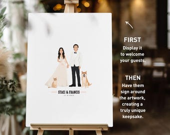 Portrait Guest Book Alternative Canvas, Custom Wedding Cartoon with Dogs, Personalized Couple Drawing from Photo, Couple with Cat and Dog