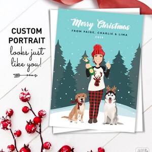 Cartão de Natal com retrato > Ideia única para cartão de Natal, cartões de Natal com animais de estimação e retrato pessoal personalizado para mulher solteira