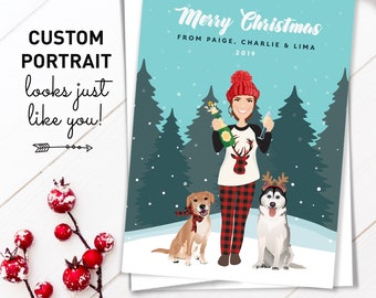 Portrait Christmas Card > Unique Holiday Card Idea, Christmas Cards with Pets and Custom Personal Portrait for Single Woman