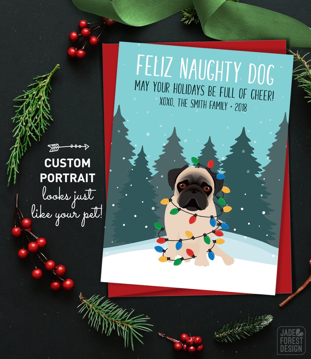 Custom Pug Christmas Card: Funny Cartoon Dog Portrait - Personalized - Etsy