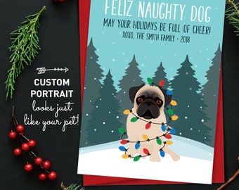 Funny Christmas Card, Pug Christmas Cards with Custom Dog Portrait, Funny Dog Holiday Card for Pug Parents, Custom Pet Portrait