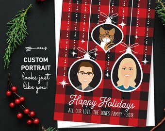 Custom Portrait Holiday Cards, Buffalo Plaid Christmas Cards, Custom Family Portrait with Cat Cartoon, Printed Holiday Cards