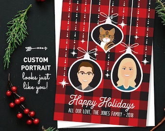 Custom Portrait Holiday Cards, Buffalo Plaid Christmas Cards, Custom Family Portrait with Cat Cartoon, Printed Holiday Cards