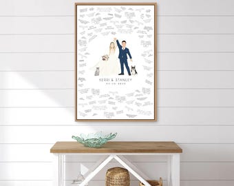 Personalized Wedding Guest Book - Cartoon Couple and Pet Illustration