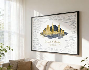 Wedding Guest Book: Chicago Skyline Art - Faux Gold Watercolor, Maple Frame