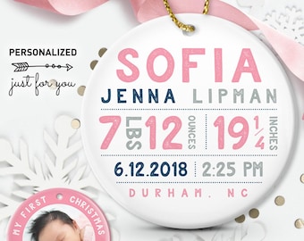 Baby Keepsake Ornament, Personalized Photo Back (Pink Navy Gray)