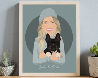 custom pet portrait drawn from photo, personalized dog drawing with black frenchie shown, custom portrait of dog and owner, cute dog cartoon