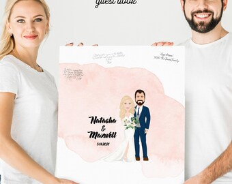 Wedding Guest Book: Hand-Drawn Watercolor Couple Portrait - Framed Option