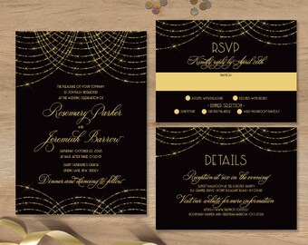 Great Gatsby Wedding Invitation Set / Bokeh Gold Fairy Lights, Black and Gold Art Deco / Invite Set ▷ Printed Invitations {or} Printable