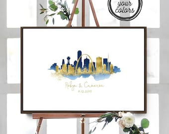 Wedding Guestbook Canvas: Navy Gold Skyline Art - Wood Frame