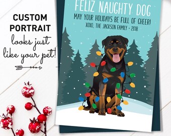 Rottweiler Christmas Card, Funny Christmas Cards with Custom Dog Portrait, Funny Custom Pet Portrait Holiday Card, Rottweiler Dad Xmas Card