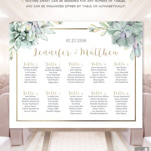 May include: A wedding seating chart with a watercolor succulent design. The chart is titled "Jennifer & Matthew" and lists the names of guests at each table. The date "07.27.2018" is printed at the top of the chart.