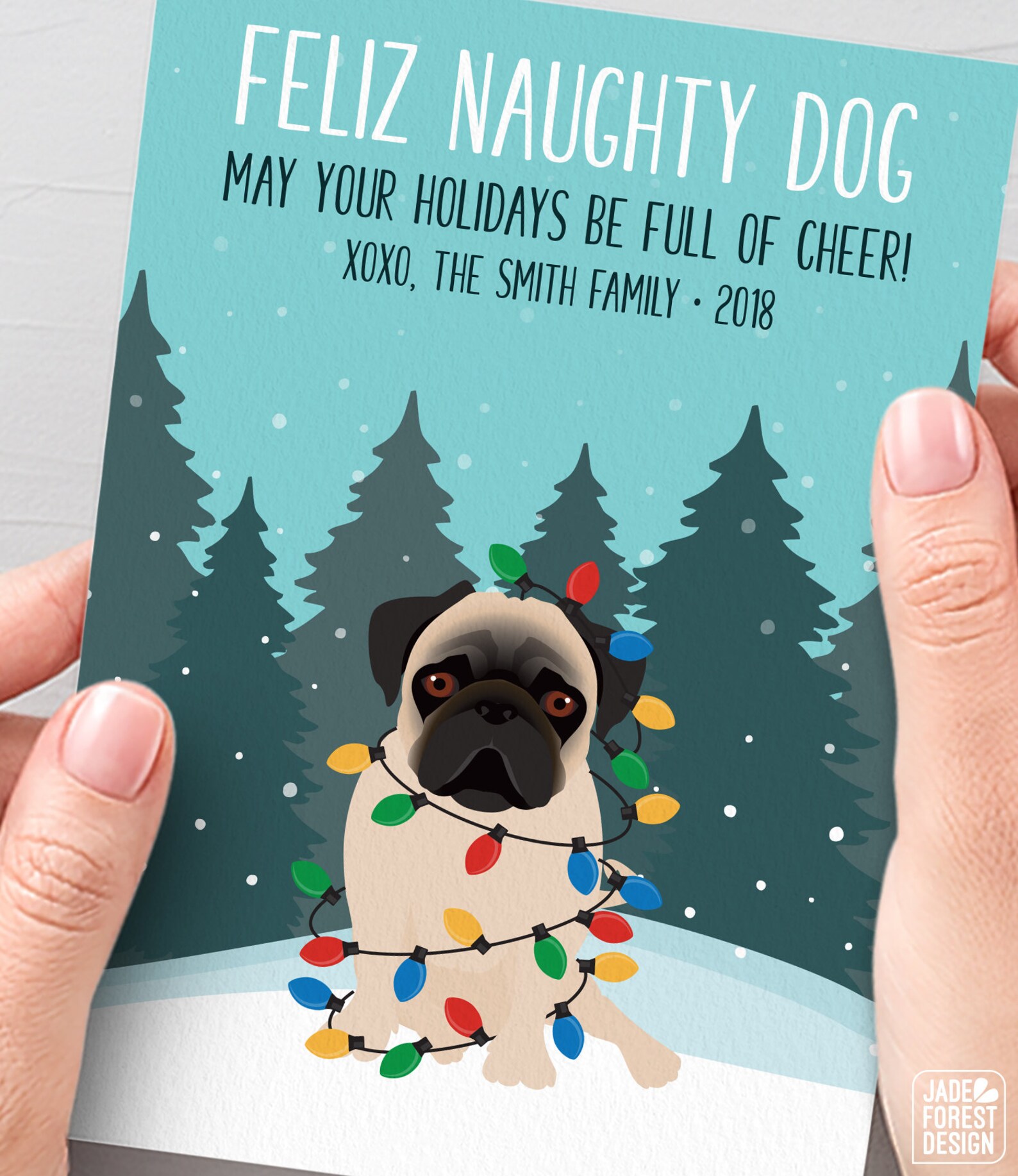 Custom Pug Christmas Card: Funny Cartoon Dog Portrait - Personalized - Etsy