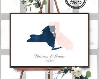 Custom Wedding Guest Book: Navy Blush Watercolor Map Keepsake