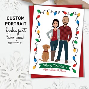 Custom Portrait Christmas Card, Fun Holiday Cards with Cartoon Custom Family Portrait from Photo and Dog Illustration