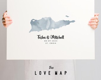 Wedding Guest Book Alternative, Custom Love Map Guest Book, Dusty Blue Watercolor, Perfect for Weddings Events, St. Croix Wedding Decor
