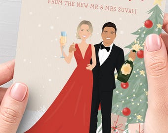 Holiday Cartoon Portrait, Custom Illustrated Couple (5x7 Recycled Paper)