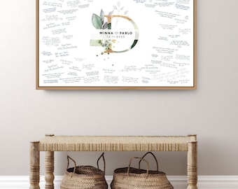 Wedding Guest Book Alternative, Monogram greenery monogram guestbook canvas with names, green and faux gold wedding logo sign {mow}