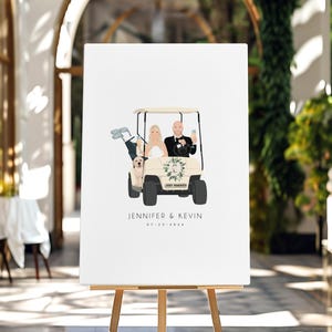 Custom Wedding Guest Book Alternative for Golf Themed Wedding, Bride and Groom with Dog in Golf Cart, White Golf Cart Wedding Poster to Sign