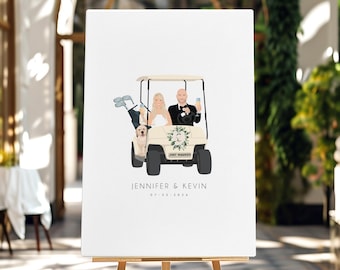 Custom Wedding Guest Book Alternative for Golf Themed Wedding, Bride and Groom with Dog in Golf Cart, White Golf Cart Wedding Poster to Sign